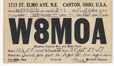 QSL 1935 Canton Ohio    radio  card