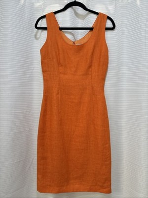 EUC VINTAGE SAKE 100% LINEN ORANGE DRESS SZ 8 SHEATH SLEEVELESS  SUMMER VTG WORK