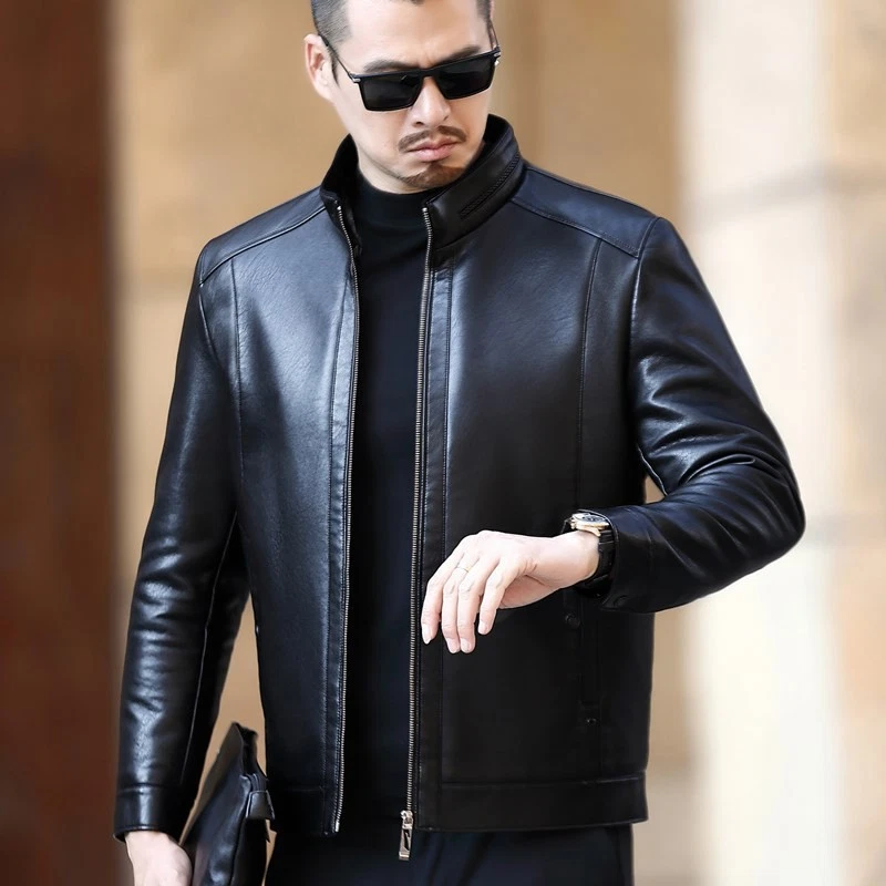 Men's Real Leather Jacket Thick Fur Winter New Stand Up Collar Business Jackets - Image 2 of 4