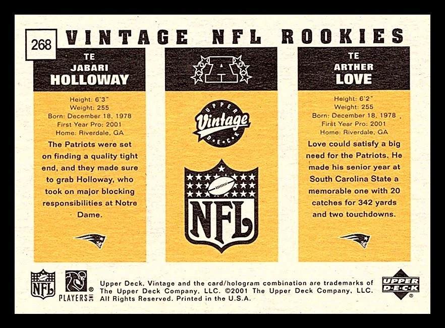 2001 Upper Deck Vintage #268 Arther Love / Jabari Holloway Free Shipping - Image 2 of 2