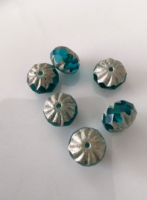 6 böhmische Glasperlen, Rondelle, grün/emerald, silber, 10x7mm  