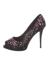GIUSEPPE ZANOTTI Black Satin Crystal Embellishments Pumps 6.5 IT 36.5 Very Good