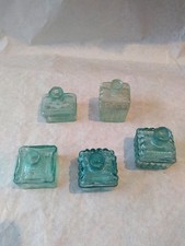 5 VICTORIAN INK BOTTLES  AQUA AND GREEN GLASS, SHEAR NECK WITH PEN HOLDER