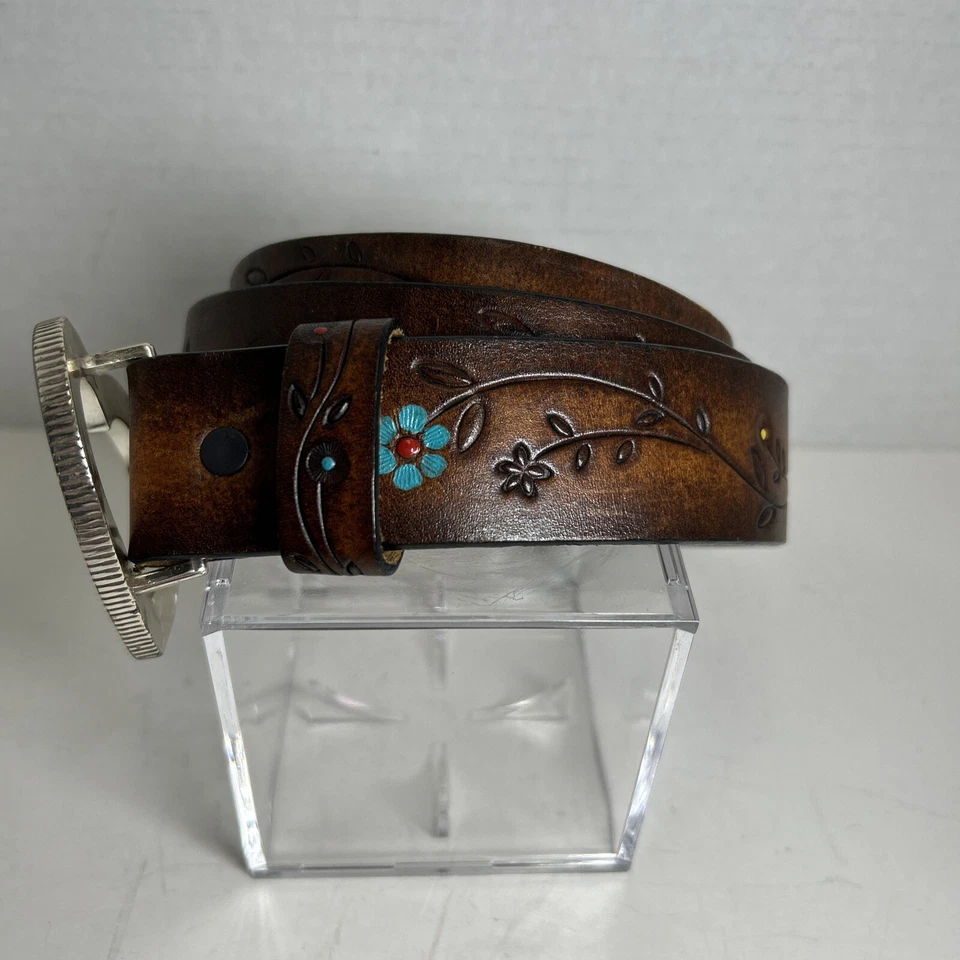 Cinturón Brighton Cuero Tooled Marrón Flores Talla L 34 Hebilla Corazón B20264 Boho  Foto 2 de 4