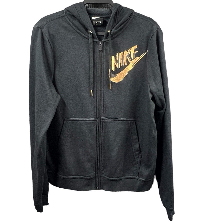 NIKE Full Zip Hoodie Women Medium Black Metallic Gold Spellout Logo \u0026  Swoosh | eBay