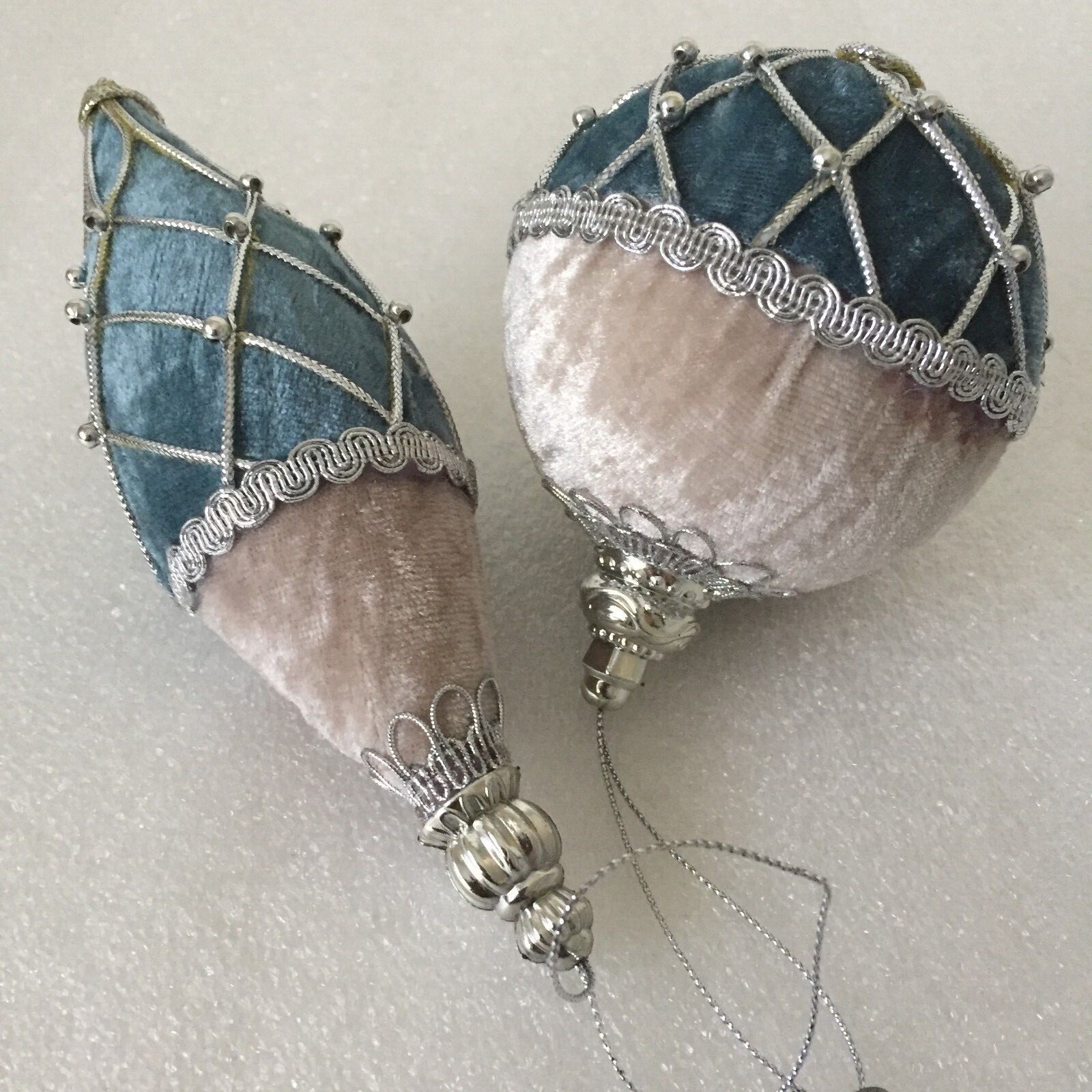 Teal and Taupe Velvet Christmas Ornaments Set of 2 with Silver Accents-image
