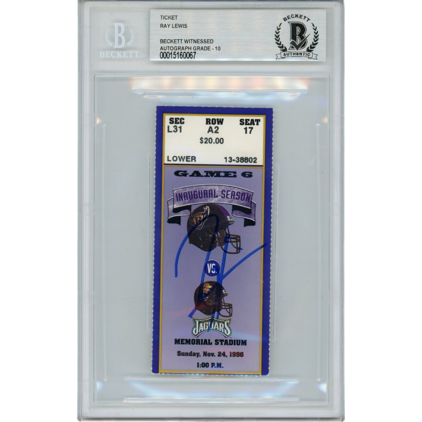 Ray Lewis Autographed Signed Baltimore Ravens 11/24/96 Ticket Stub Beckett 