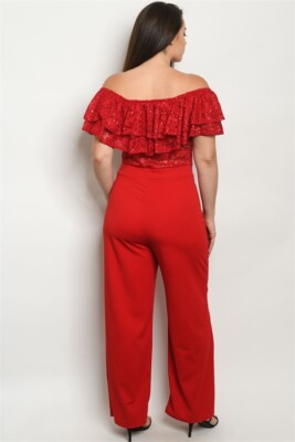 Womens Plus Size Red Cold Shoulder Jumpsuit 1X Lace Bodice