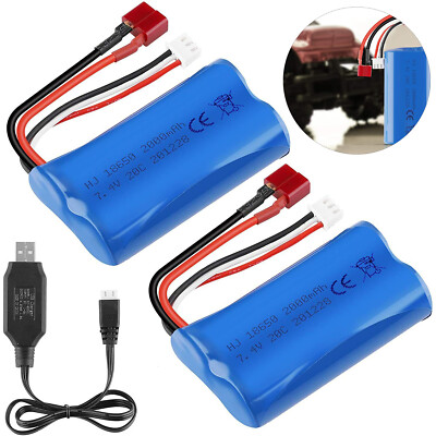 2x 7,4V 2000mAh Li-ion Akku T-Stecker mit USB Ladegerät für RC Auto Off Road LKW