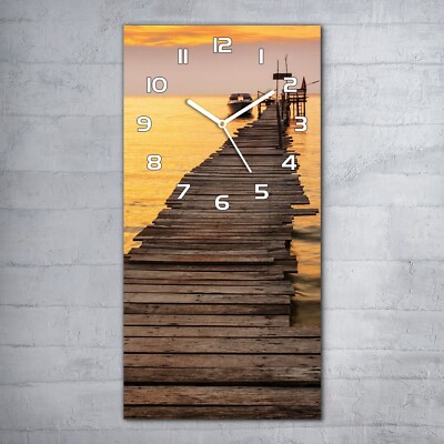 Wanduhr Glasuhr 30x60 Deko-uhr Sonnenuntergang über dem Pierdock und Meer