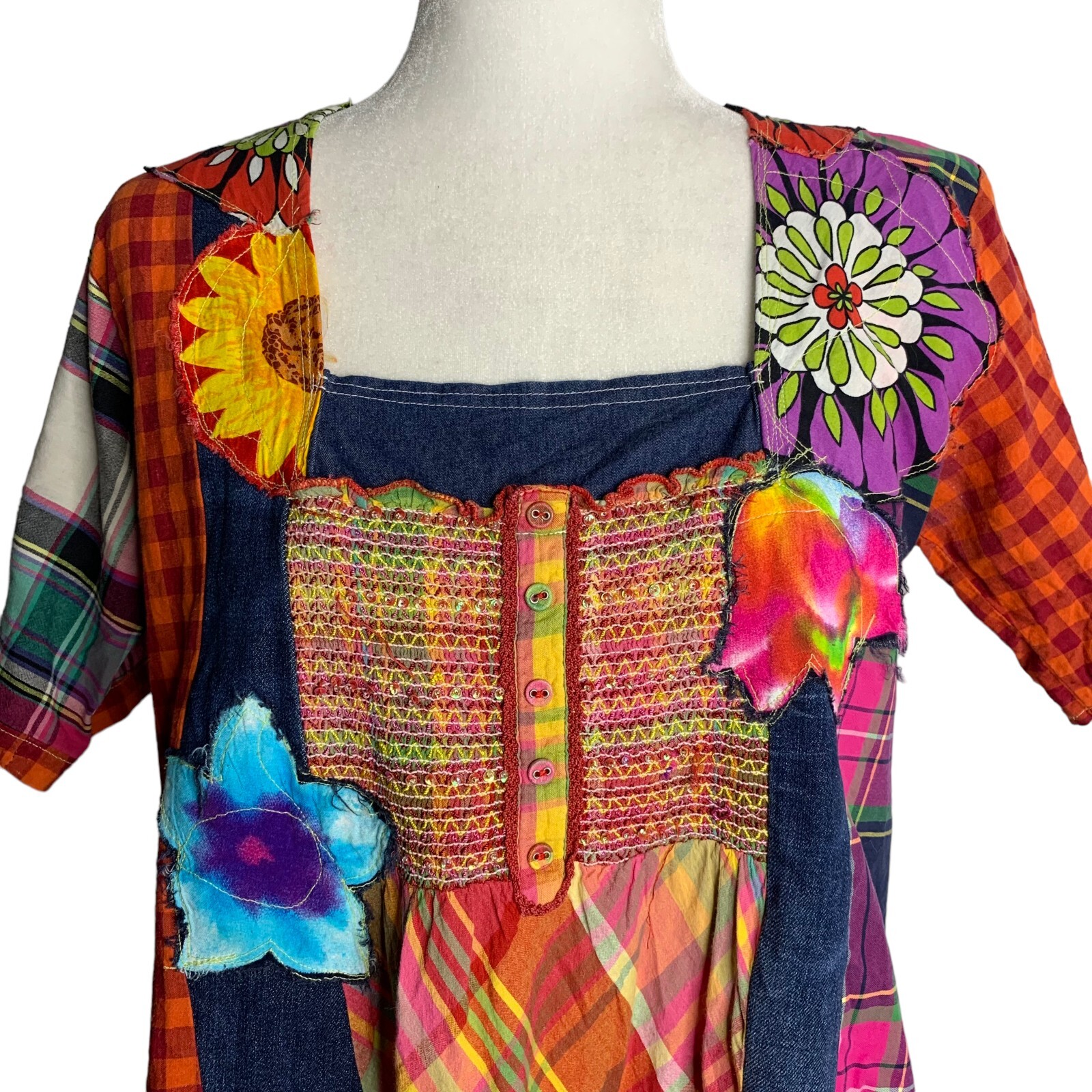 Handmade Patchwork Babydoll Top S Multi Square Ne… - image 2