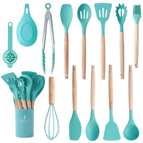 14x Silicone Kitchen Cooking Utensils Set with wooden Holder Pot Gray Pink Green - Picture 22 of 28