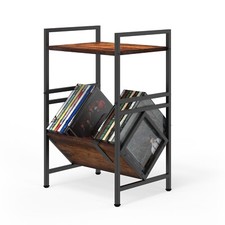 Album CD Storage Rack, Dark Walnut Wooden and Metal Built CD Books Storage Rack