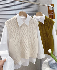 Image of Lady Chunky Knitted Vest Jumper Pullover Sleeveless Sweater Tops Knitwear Casual