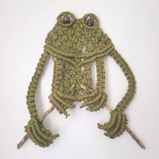 Vintage 1970s Macrame Frog Wall Hanging Large Avocado Green Boho Decor 18 x 20