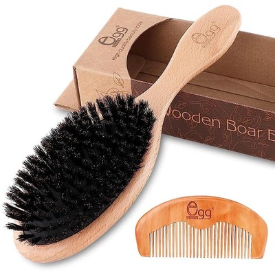 Boar Bristle Hair Brush for Thin and Fine Hair, Set with Bamboo Comb and 3 Ties