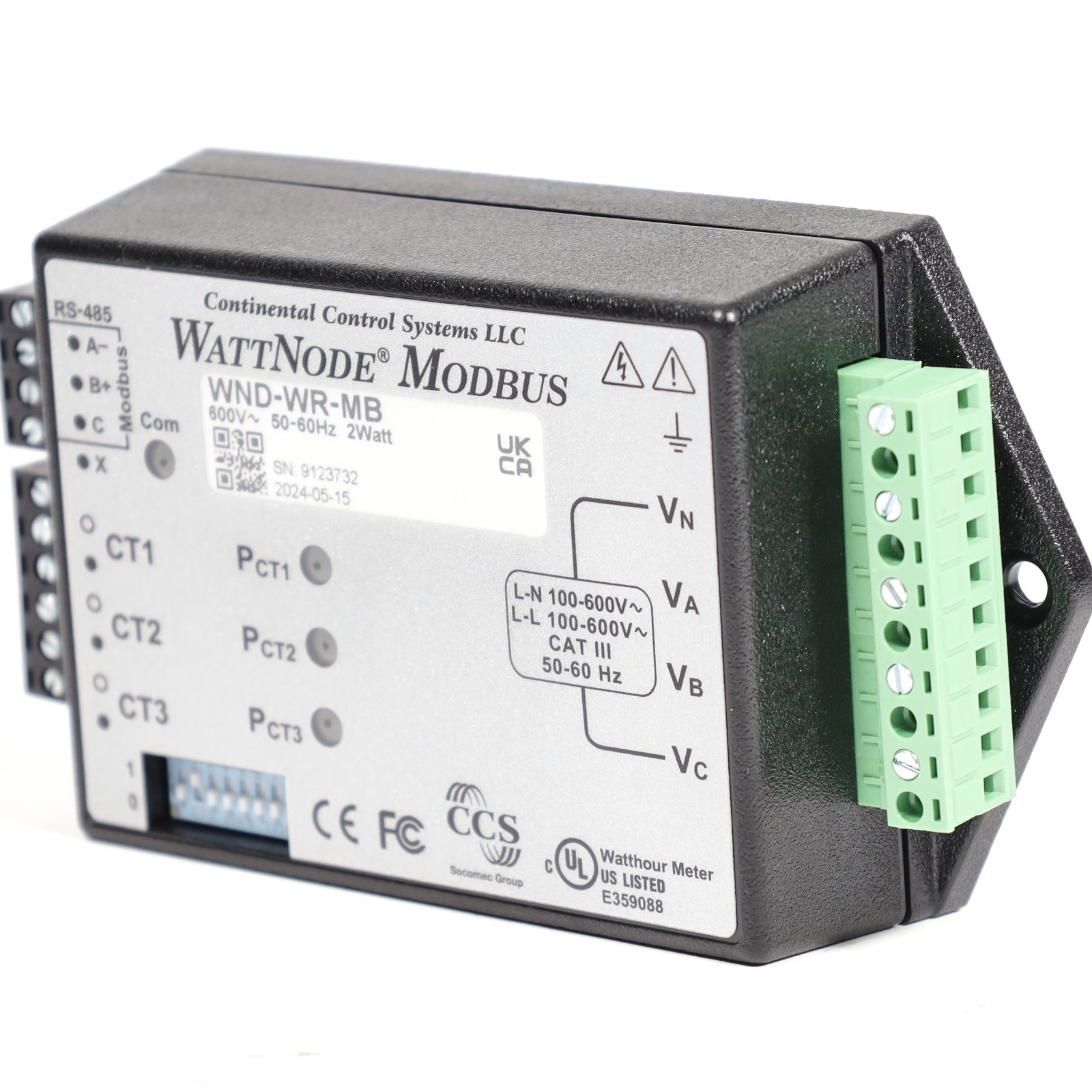 Continental Control Systems WND-WR-MB WattNode Wide-Range Modbus Meter