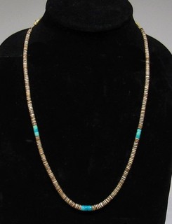 Old 50s Zuni Natural Turquoise & Uniformed Banded Pen Heishi Shell Necklace 23"