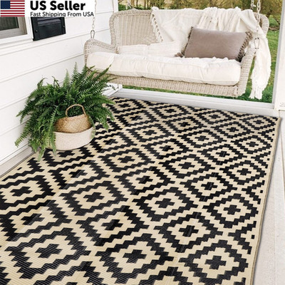 SAND MINE Waterproof Outdoor Rug 5x8 ft, Plastic 5'x 8', Black & Beige