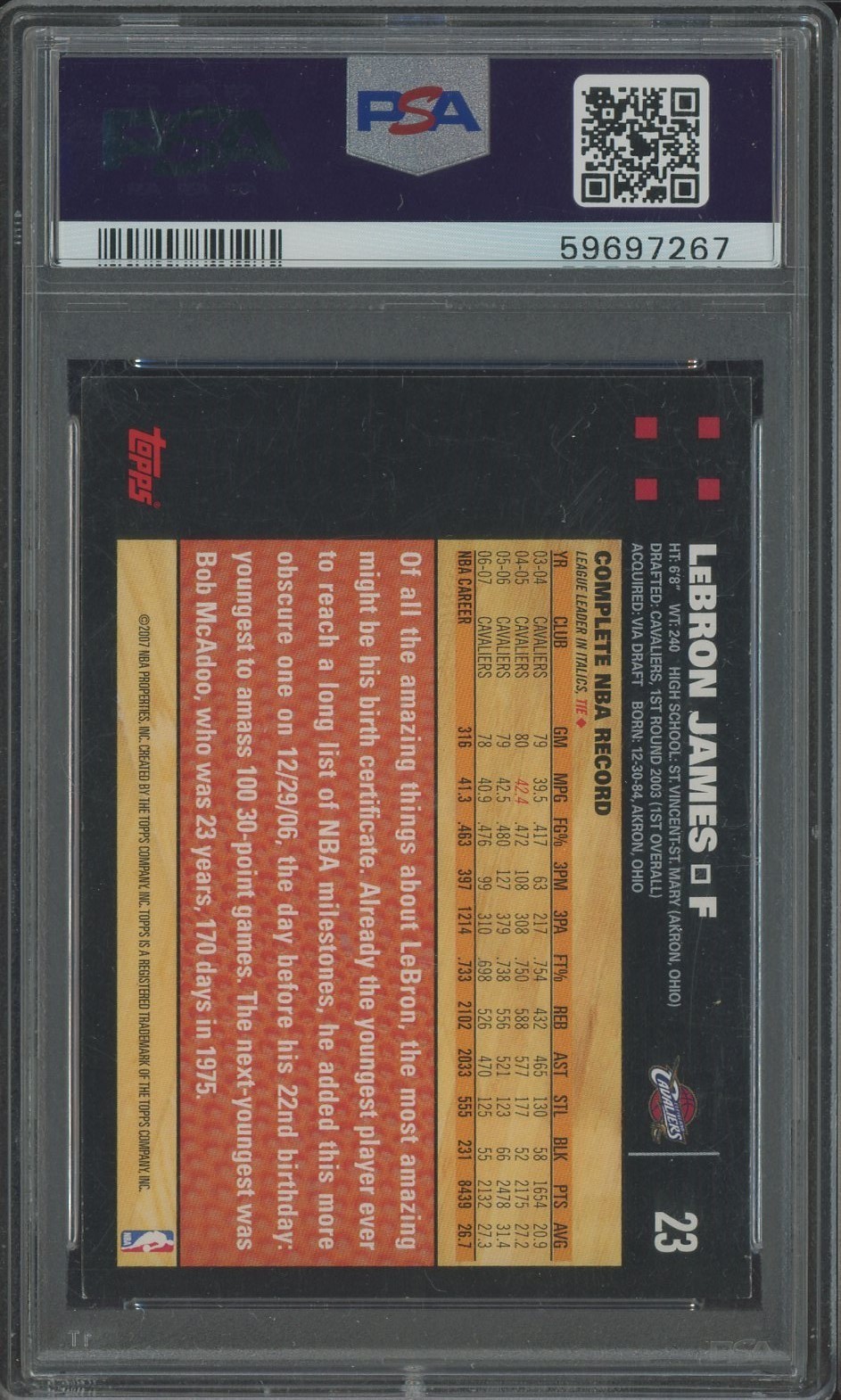 2007 Topps #23 LeBron James Cleveland Cavaliers PSA 6 EX-MT view 2