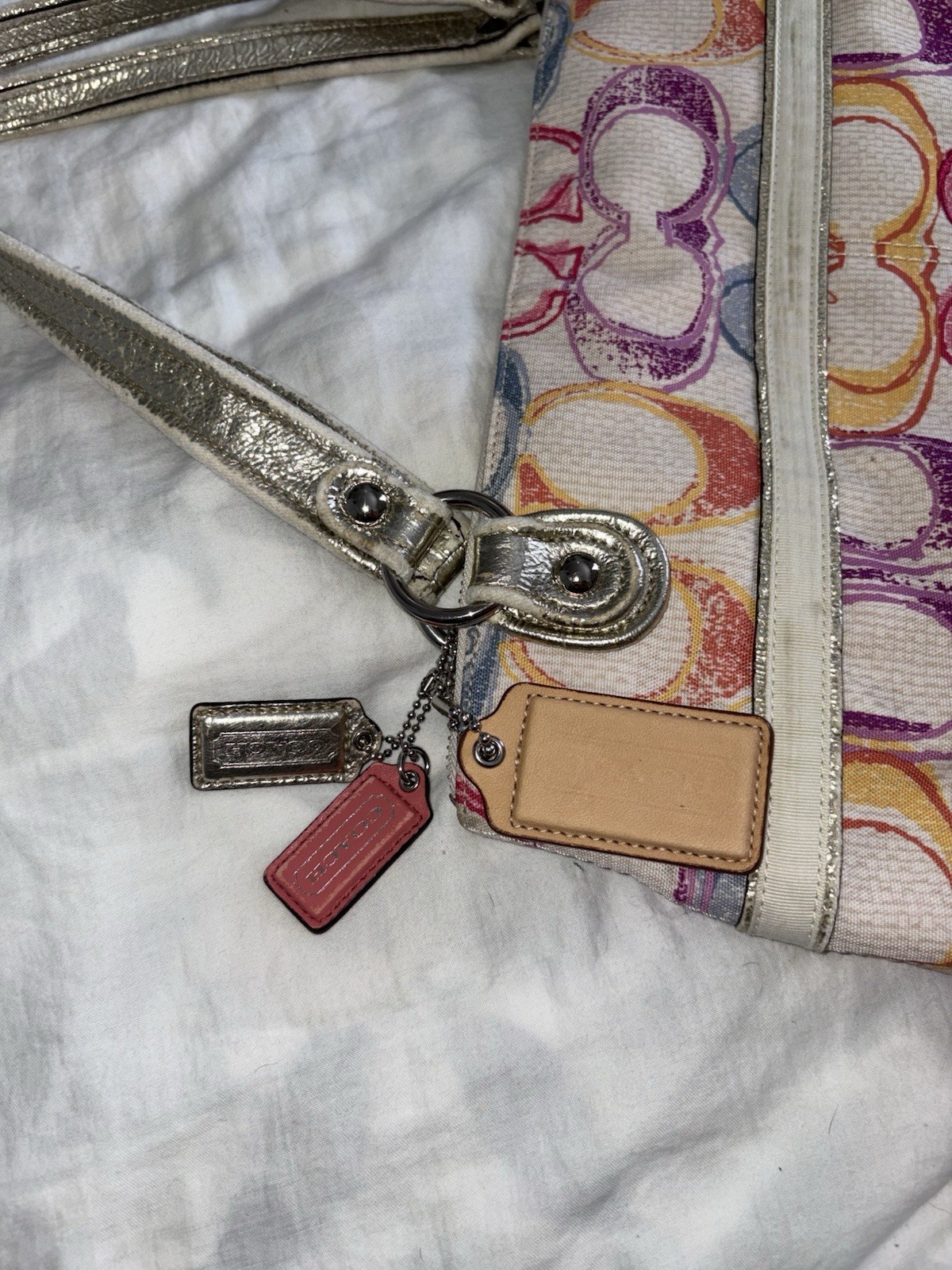 Coach Multicolor Logo Shoulder Bag Metallic Silver Handles Bag Charm Zip thumbnail 3