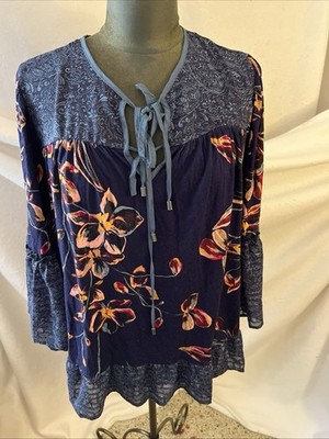 Boho CUPIO Women's Blouse 3/4 Bell Sleeve V Neck Multicolor Floral.Size 3X
