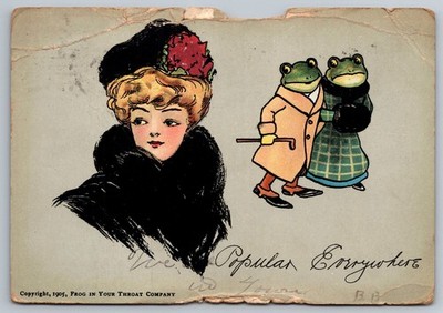 Frog Couple. Beautiful Woman. 1905 Love Romance Postcard. Private Mailing Card