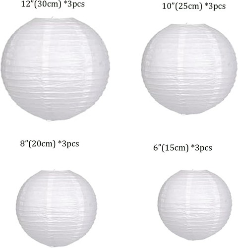 12 Pezzi Lanterne di Carta 6”, 8”, 10”, 12”, Paperlantern Decorazione Festa, Bianco  - Foto 4 di 8