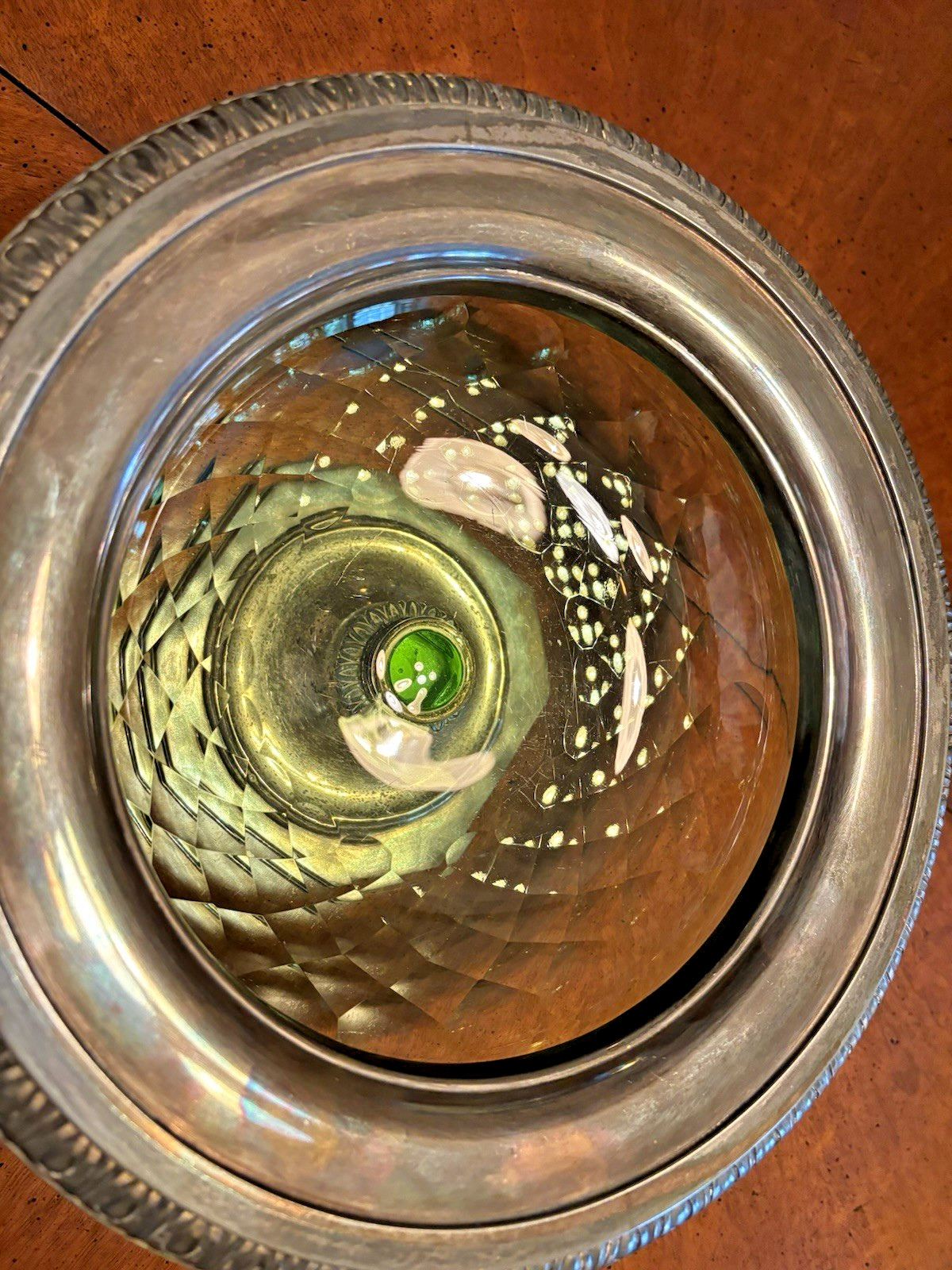 PAIRPOINT SILVER PLATE AND GREEN GLASS CENTERPIECE COMPOTE BOWL FOOTED 1920's