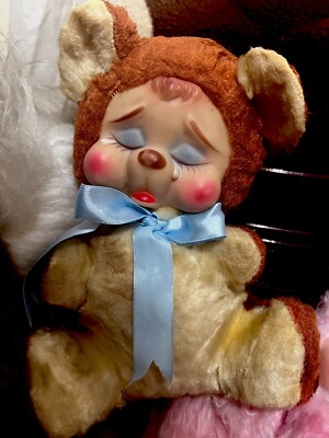 Vintage Rushton Bear Rubber Face Red Crying Bear Sad 9  Plush Stuffed Animal Toy