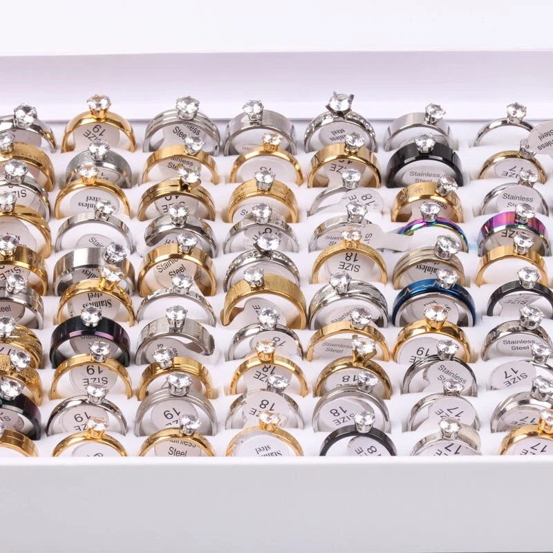 100pcs/box wholesale Gold CZ Zircon Stainless Steel women gift Wedding Band Ring - Image 2 of 4