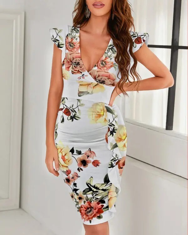 princess polly baby blue dress Wholesale Trendy Floral Ruched Bodycon Dress With Long Sleeves for your  store