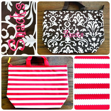 New  Thirty One Thermal Lunch Tote Bag Red Wave Brown Parisian Embroidered 31