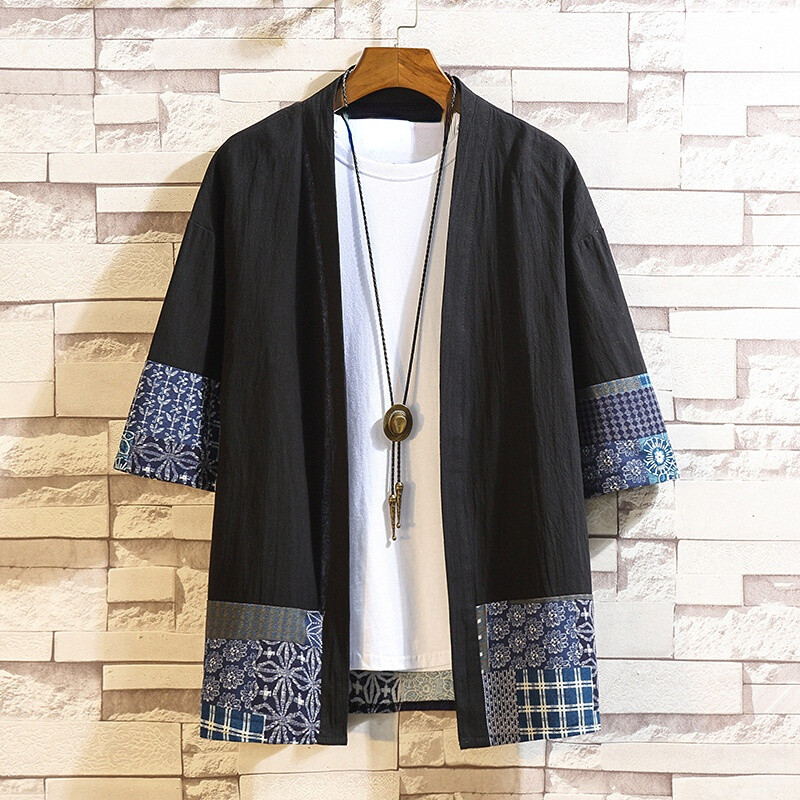 Chaqueta Kimono Hombre Algodón Lino Hanfu Camisa 3/4 Retro Japonesa