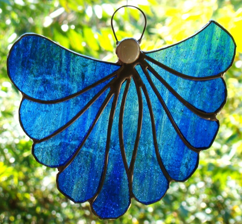 DRAGONFLY IN FLIGHT Purple Green Stained Glass SUNCATCHER INSECT GARDEN