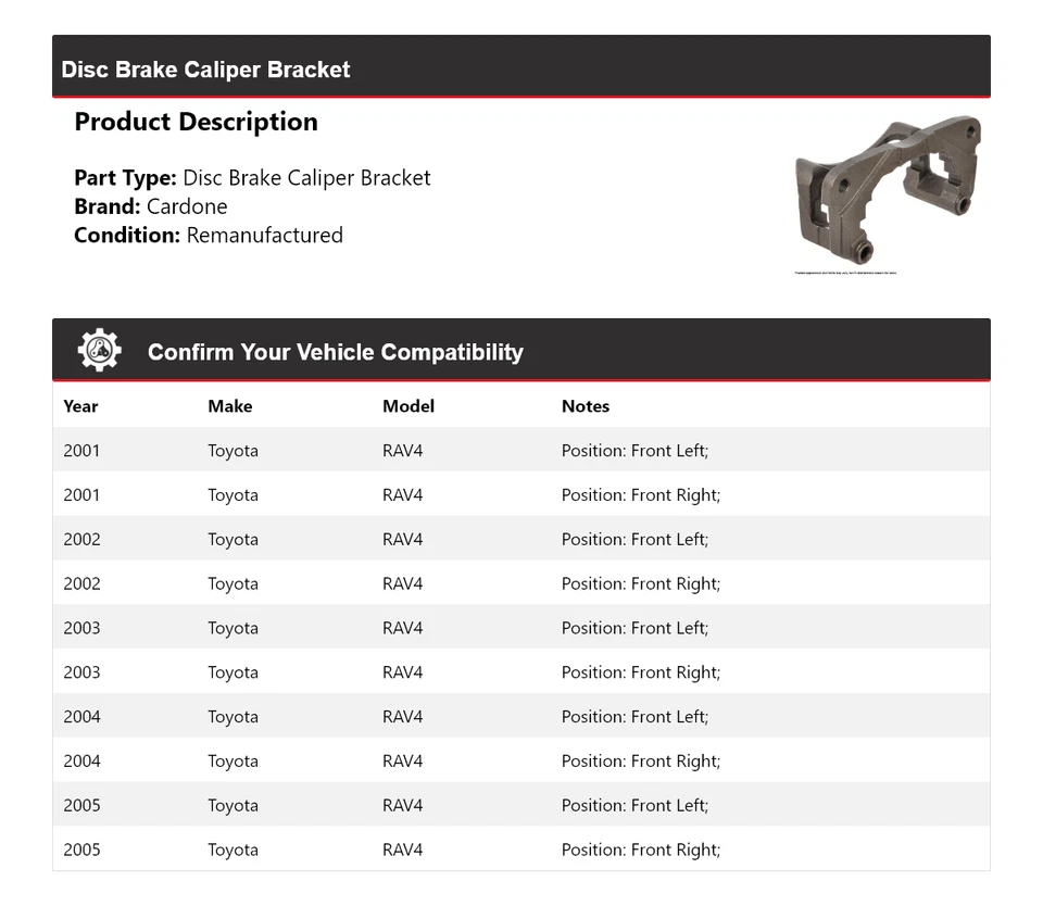 Soporte de pinza de freno de disco Cardone 2002 2003 2004 para Toyota RAV4 2001-2005 Foto 2 de 4