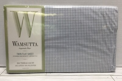 Vintage TWIN FLAT SHEET Wamsutta Supercale Plus ~No Iron Blue Gingham Check NIP