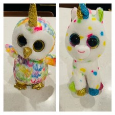 Ty Silk Beanie Babies Boos 6” ENCHANTED & Harmonie Unicorn Owl Plush Toy