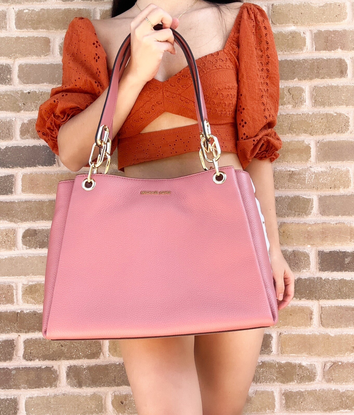 Michael Kors Trisha Large Triple Gusset Compartment Shoulder Bag Rose