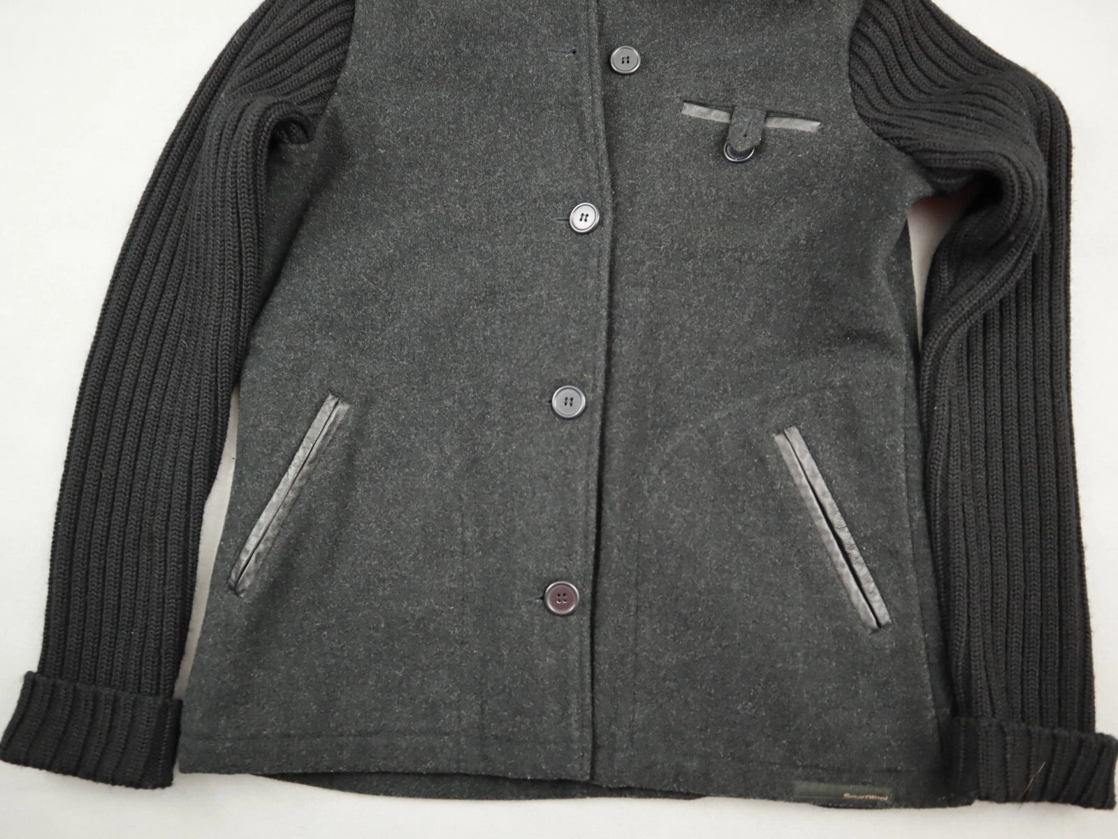 smartwool button up hood contrast knit sleeve heavy wool jacket