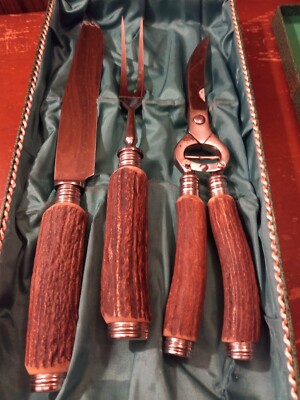 Vintage Solingen Germany Carving Knife Set stag Horn Handle 3 pieces +Eze Lap