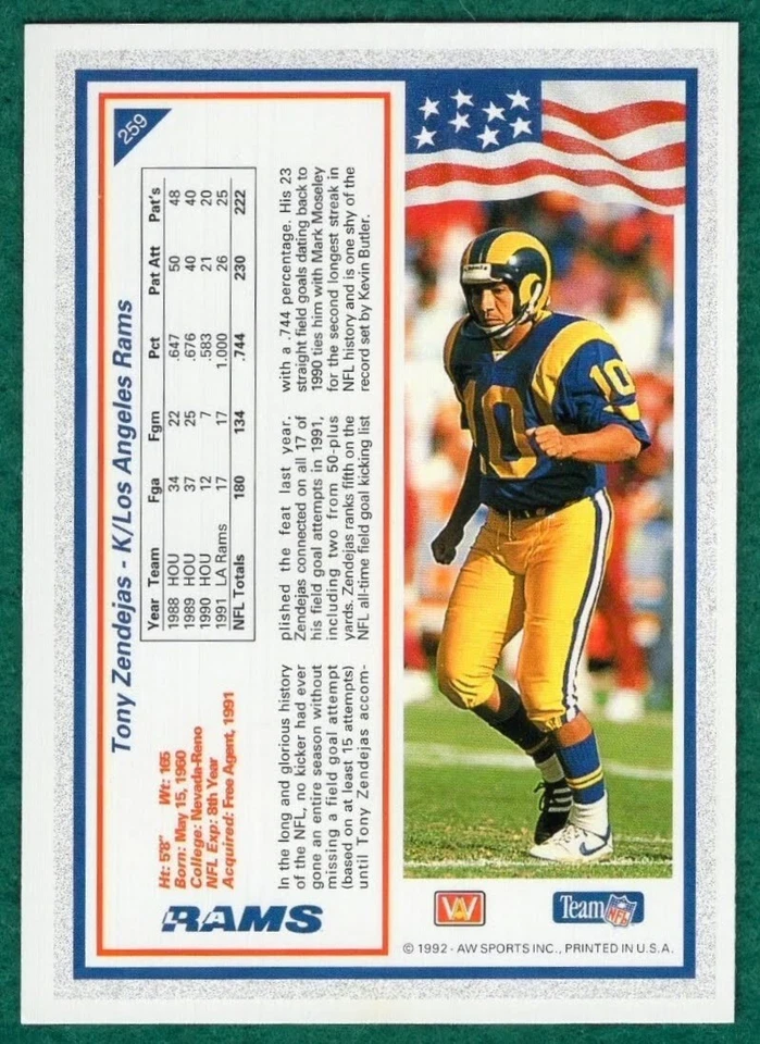 Tony Zendejas - 1992 All World #259 - Los Angeles Rams Football Card - Image 2 of 2