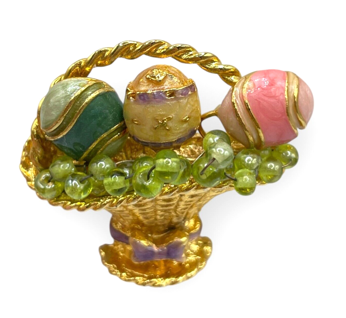 VTG Unsigned Enamel Easter Egg Basket brooch embe… - image 5