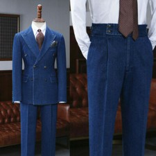 Vintage Blue Denim Men Suits Jacket Pants Double Breasted Wedding Blazer Tuxedo