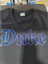 Women's Duke Blue Devils  Script t shirt rhinestones lots of sparkle bling vneck