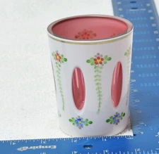 Bohemian Cut To CRANBERRY Czech Cased Art Glass Enameled 3.5" Glass Pick Holder