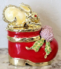 Bridgman Treasures Enameled Pewter wCrystals Trinket Box Rabbit On Shoe 3" x 3"