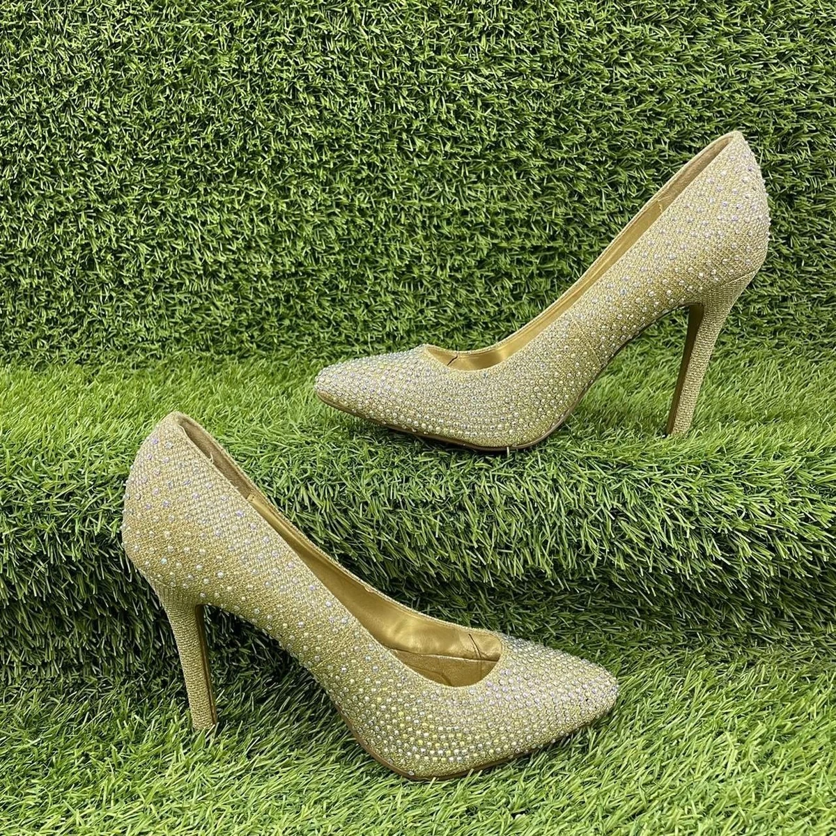 GLAMOUR GOLD GLITTER HIGH HEELS STILETTOS DIAMOND STUDDED SEQUIN