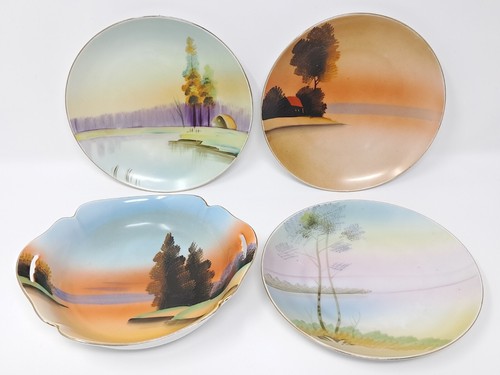 Meito China Ceramic Bowl handled + 3 6" Plates handpainted Japan vintage