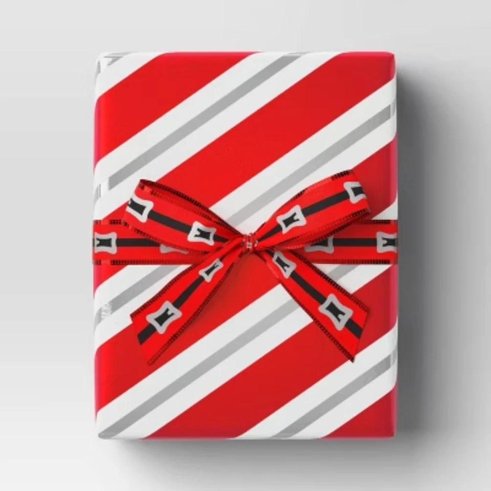 30" 90 sq ft Christmas Roll Wrap Red/White/Silver Diagonal Stripes -  - Image 2 of 3
